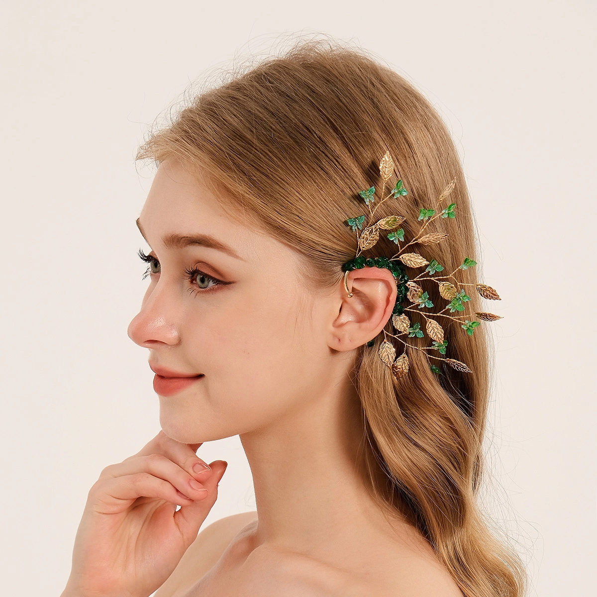 Forest-style Fashion Green Crystal Ear Hook with Exquisite Butterfly Alloy Leaf Ear Cuff 1