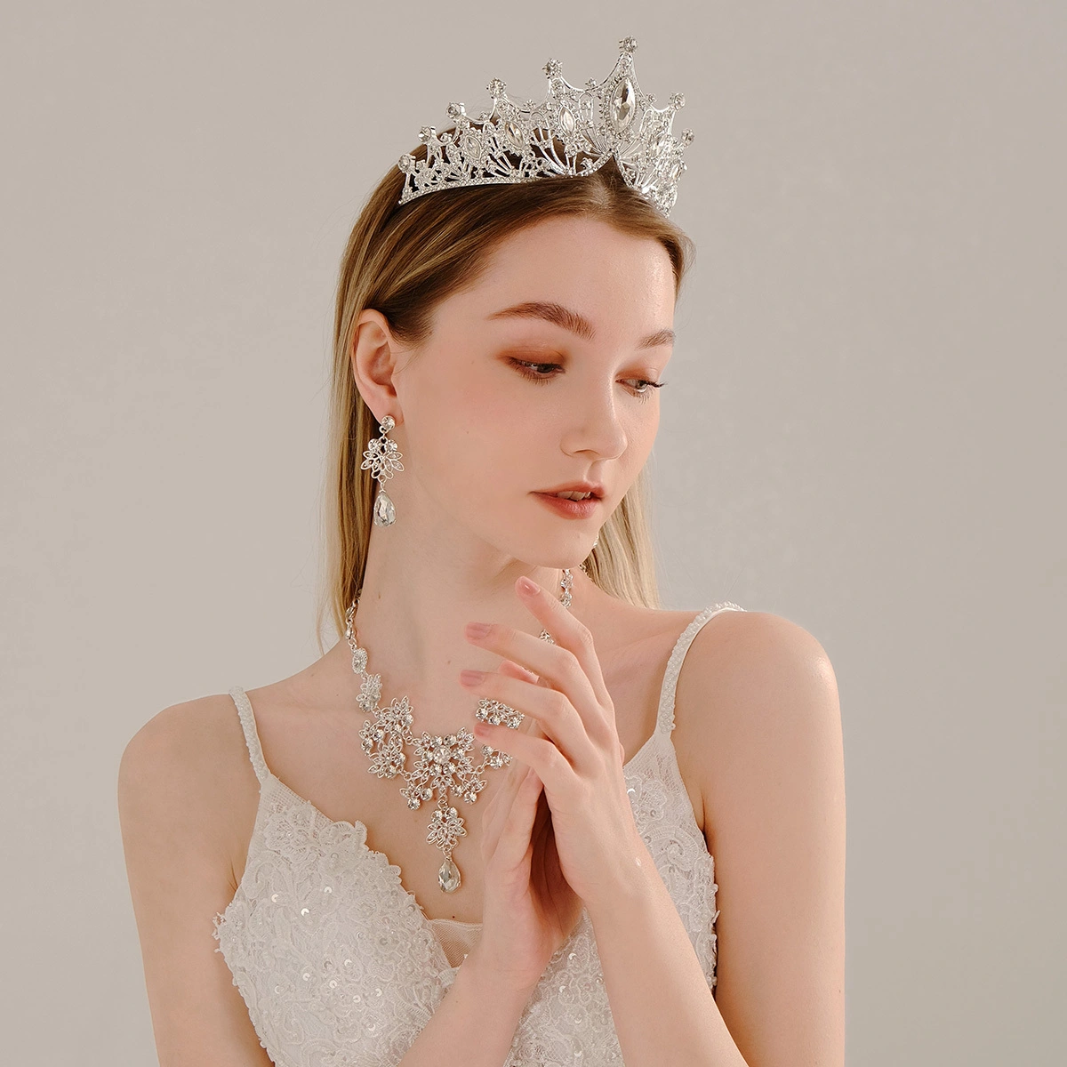 Miallo 4 Pcs/Set Wedding Bride Jewelry Crown Necklace Earring Set Elegant Sparkly Flower Rhinestone Women Jewelry 1