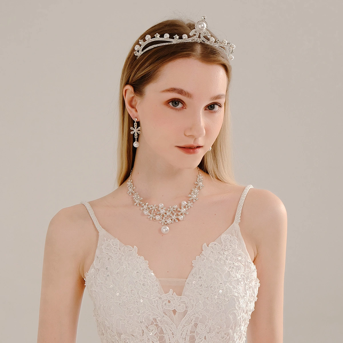 Elegant Bride's Wedding Jewelry Set Crown Necklace Earrings 4 Pcs/Set Delicate Floral Design Party Girls Accessories Jewelry 1