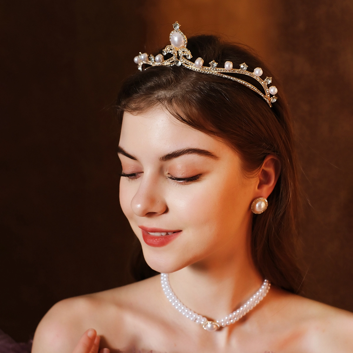 Vintage Bridal Headwear Rhinestone Imitation Pearl Jewelry Crown Necklace Earrings 4 Pcs/Set Princess Wedding Dress Jewelry 1
