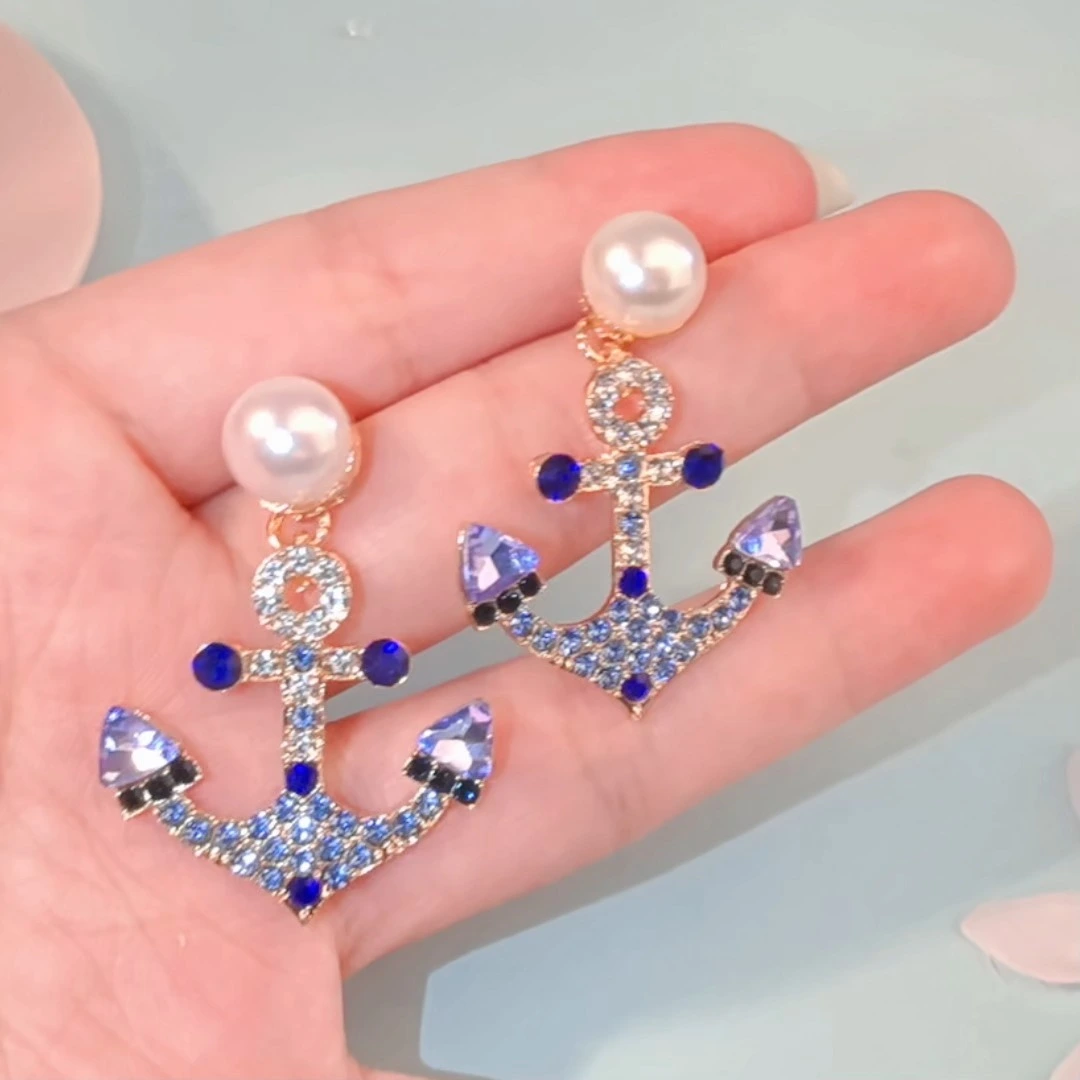 Fashion Ocean Style Blue Rhinestone Earrings Personalized Anchors Design Girls Accessories Women Jewelry 1