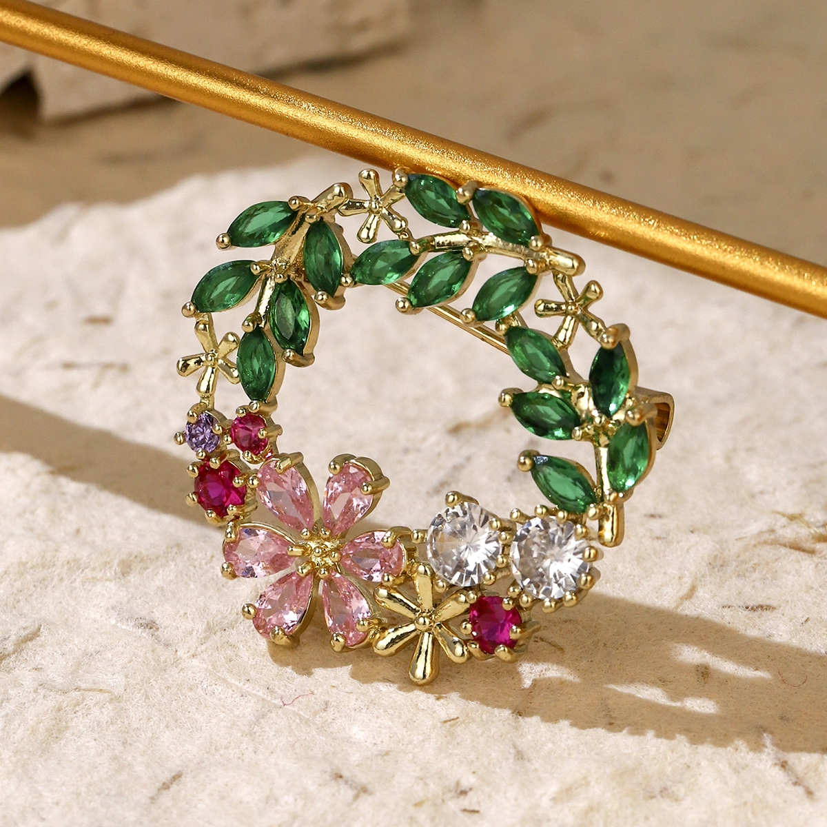 Delicate Golden Flower Design Colorful Zircon Brooch Elegant Women's  Accessories Wholesale 1