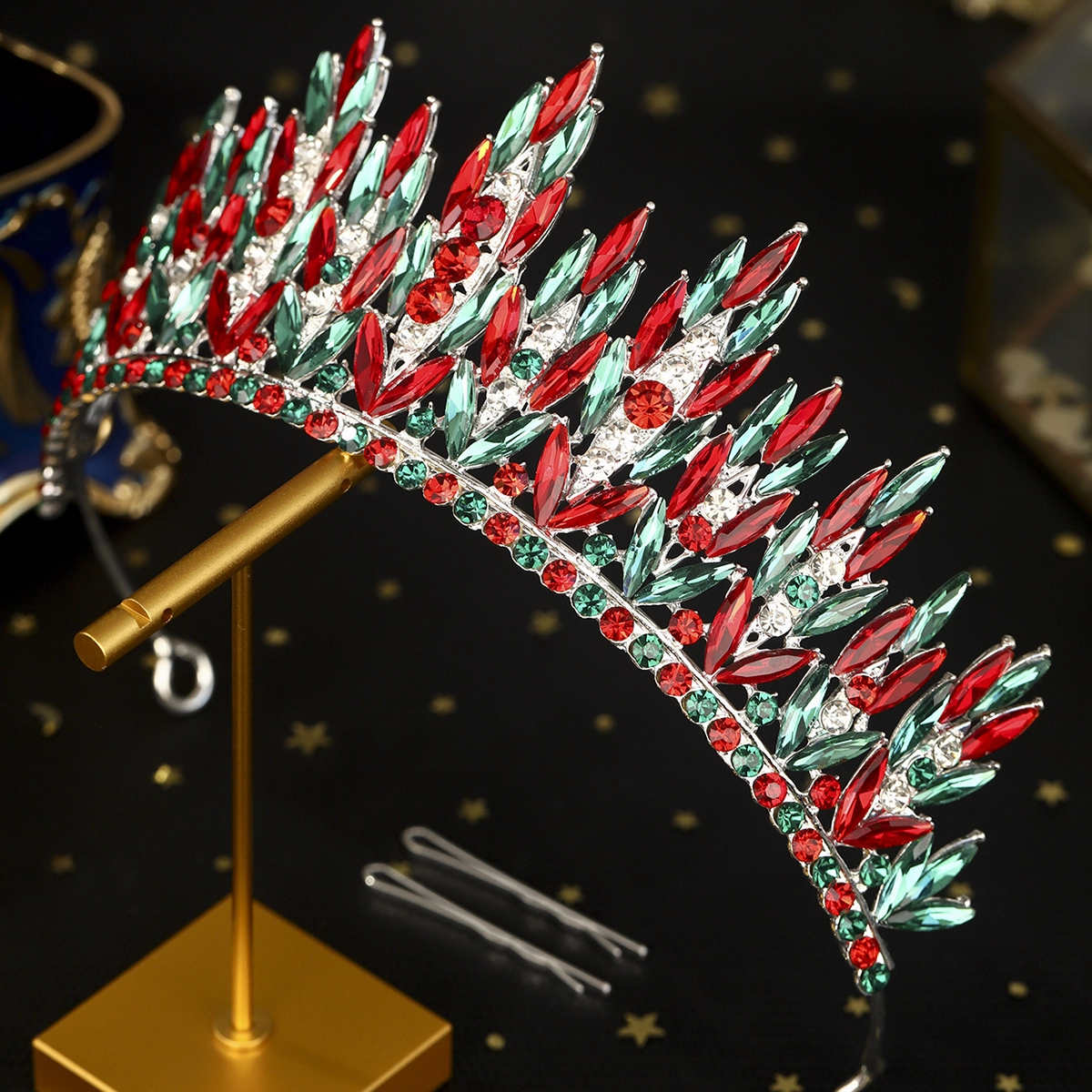 Colorful Red and Green Rhinestone Alloy Crown Christmas Wedding Tiara for Girls and Women Bridal Hair Accessories 1