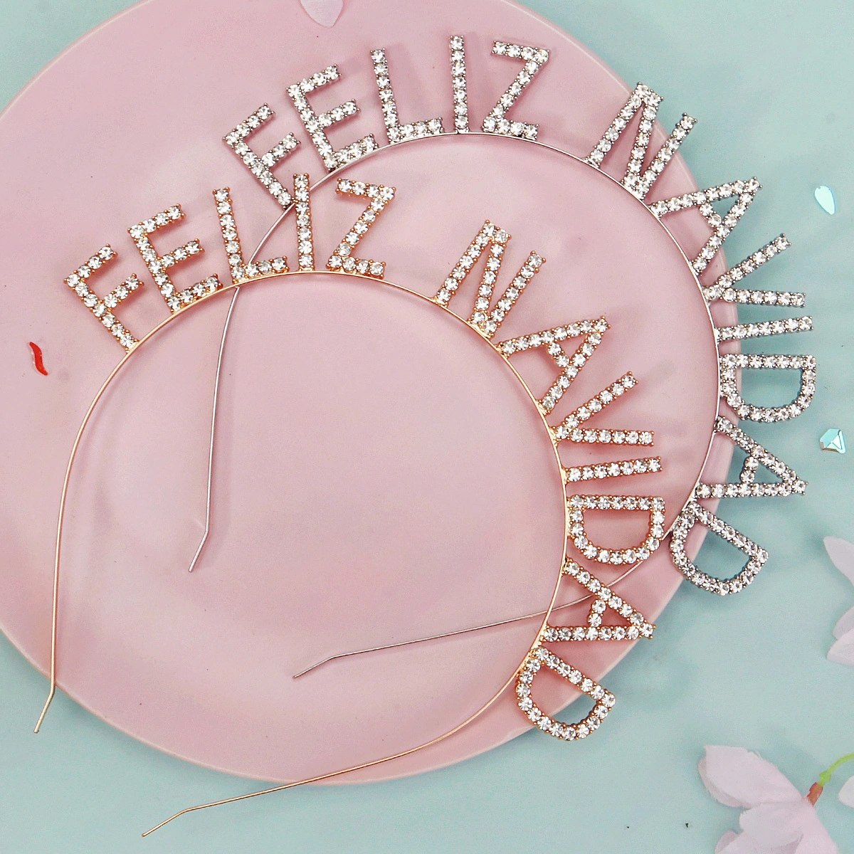 Diadema sencilla con letras de diamantes de imitación para fiesta de Navidad, accesorio para el cabello español Feliz Navidad 1