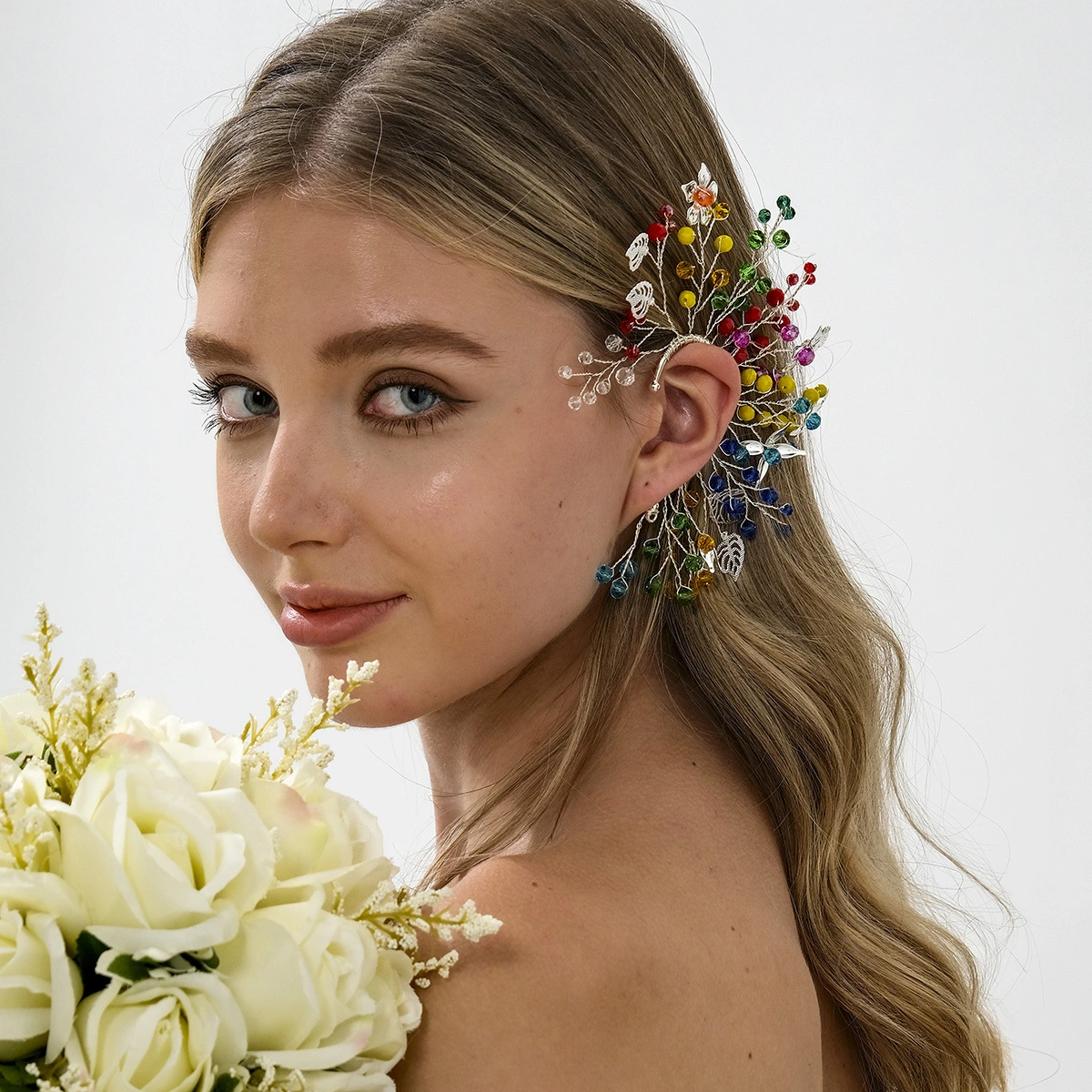 Exquisitos pendientes de flores con cuentas de cristal de colores, hechos a mano, de moda, sin perforar, elegantes, para mujer. 1