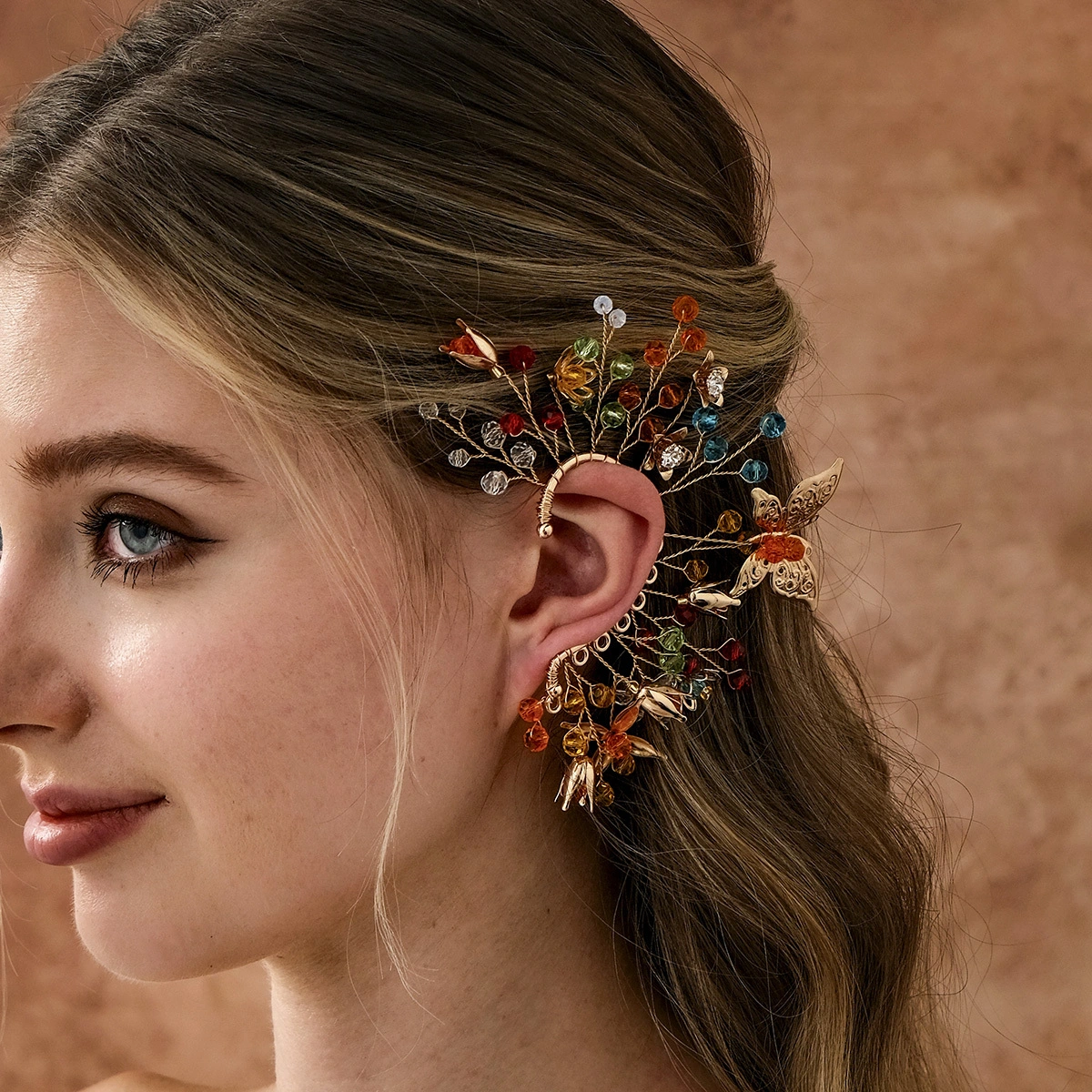 Nuevos pendientes de cuentas de cristal de colores, exquisita aleación con diseño de mariposa floral, pendientes de moda para mujer, joyería sin perforaciones. 1