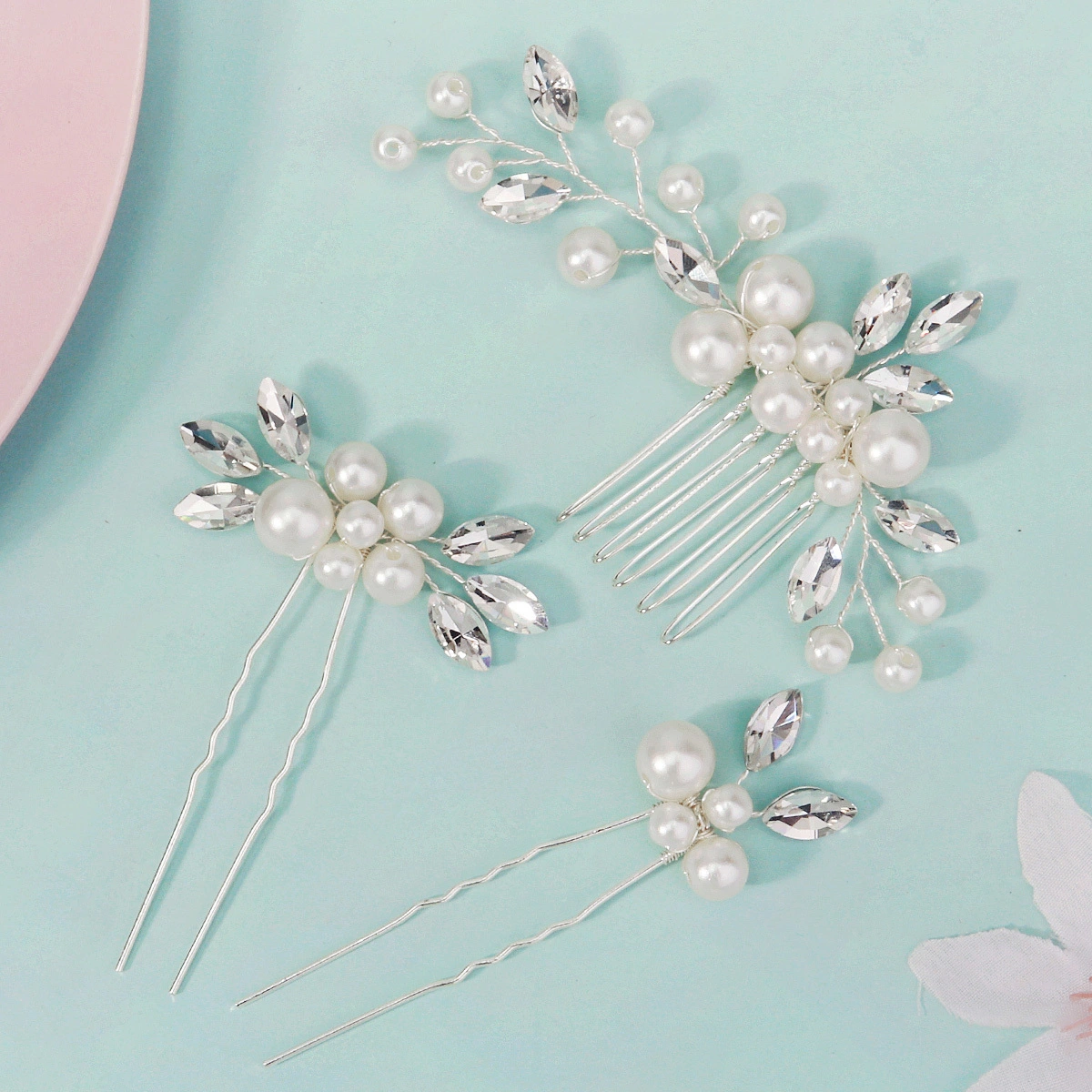 Accesorios para el cabello recogido para novias europeas y americanas, tocado de moda, peineta con perlas y diamantes de imitación, conjunto de horquillas 1