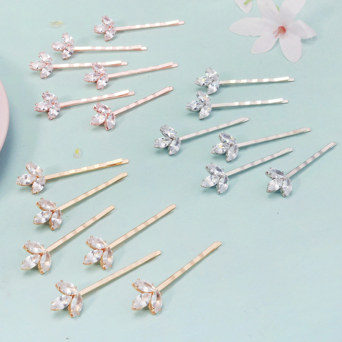 Pinzas para el cabello de lujo con forma de hoja de circón, accesorios versátiles para el cabello para niñas, juego de pasadores brillantes para uso diario, joyería para el cabello 1