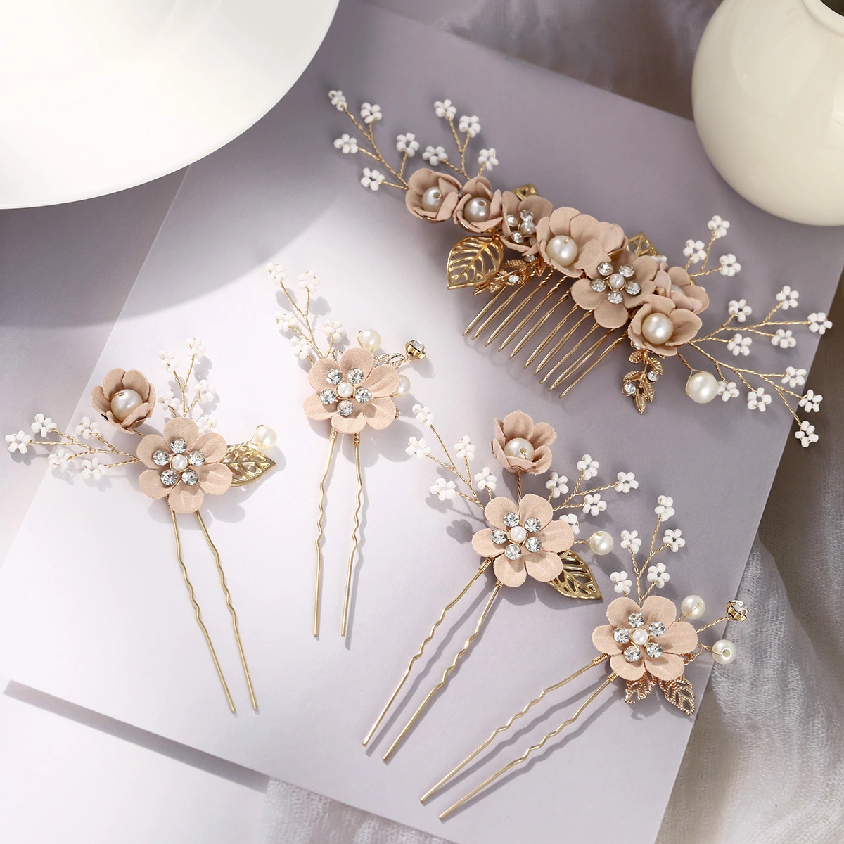 Tocado de novia de moda, 5 piezas/juego, elegante horquilla con flores de diamantes de imitación, peine para el cabello, joyería de boda hecha a mano 1