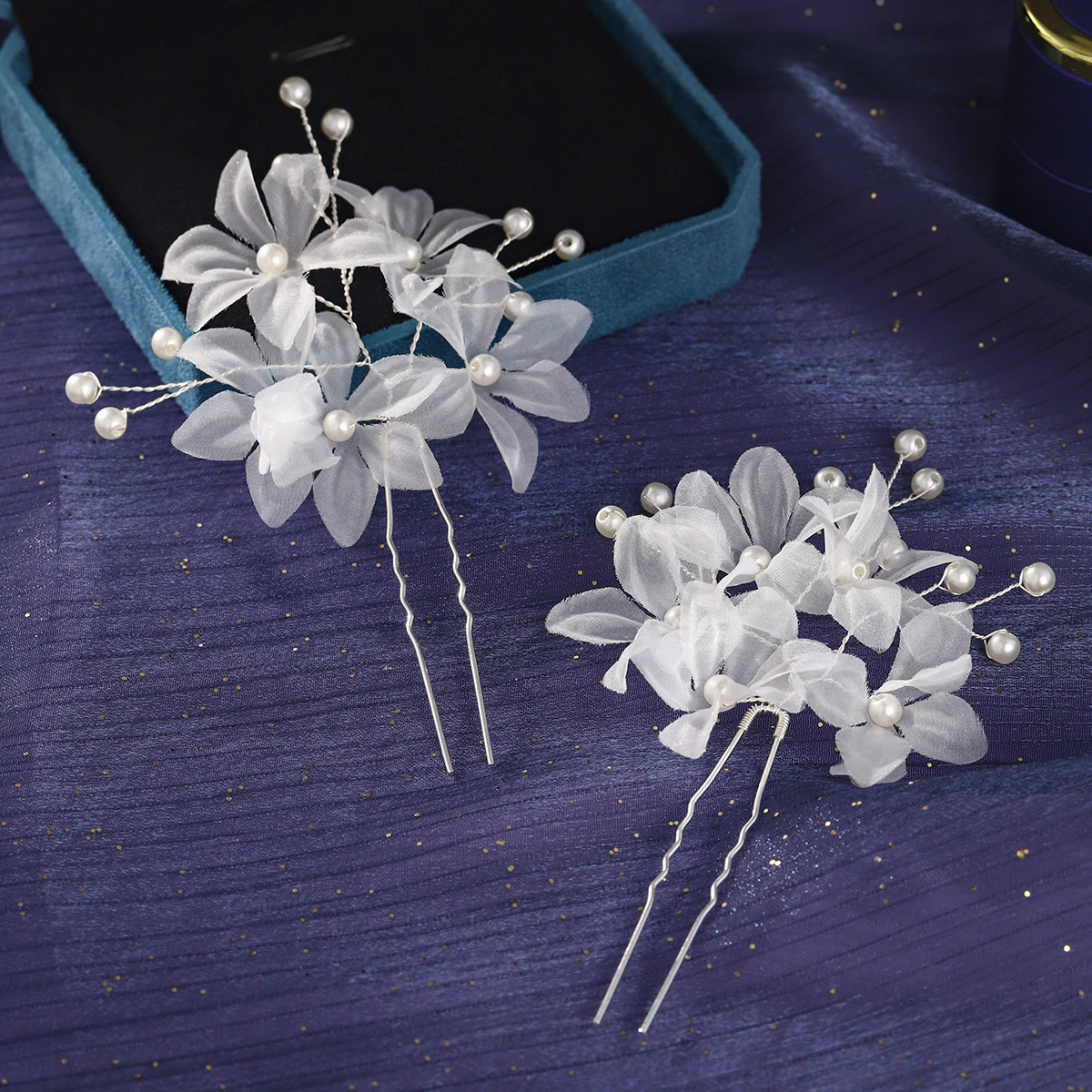 Exquisitas horquillas de tela hechas a mano con flores, elegantes accesorios para el cabello de perlas de imitación para bodas, 2 piezas/juego 1