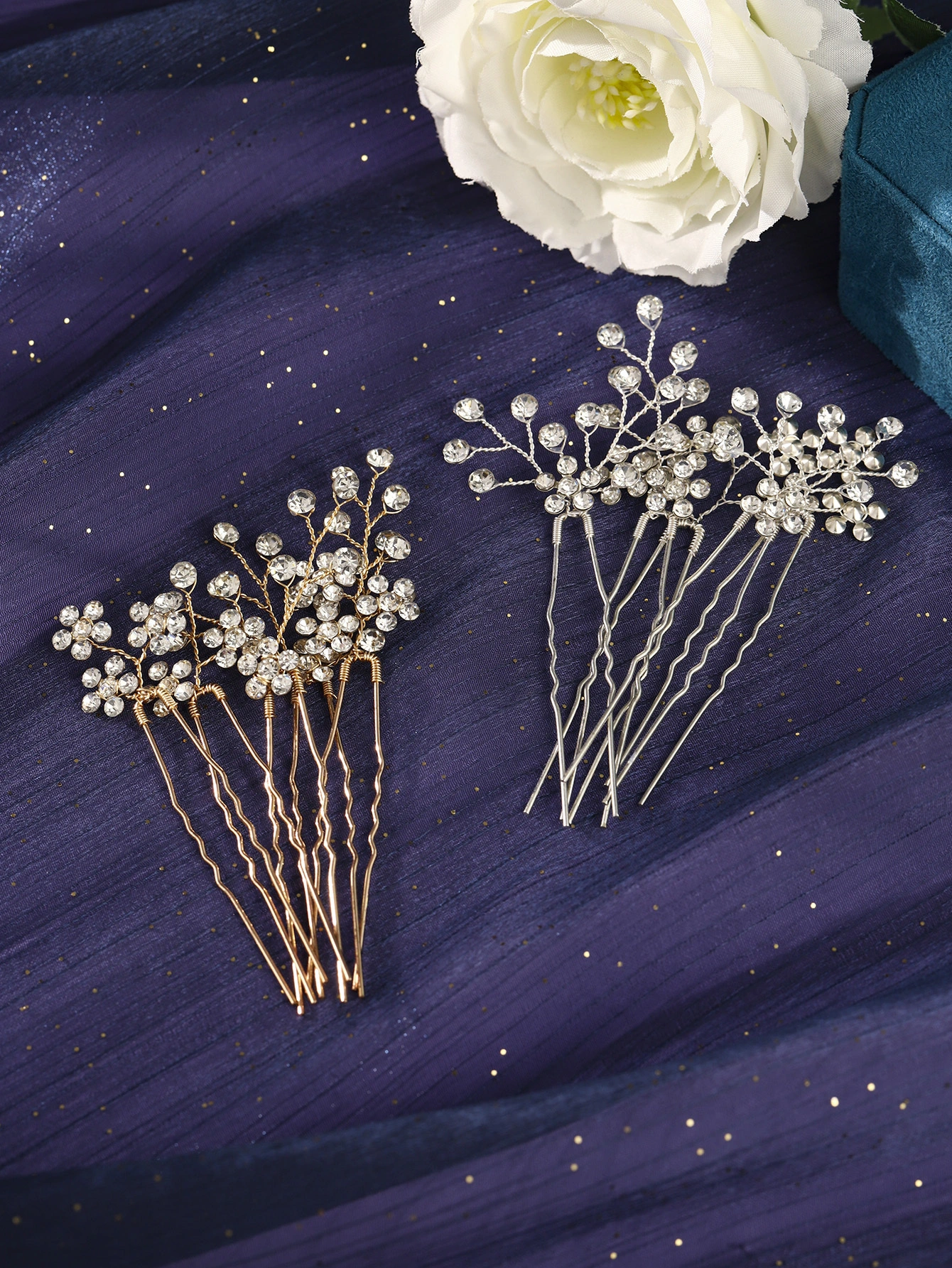 Juego de horquillas sencillas y versátiles con flores de diamantes de imitación para peinados recogidos de novia 1