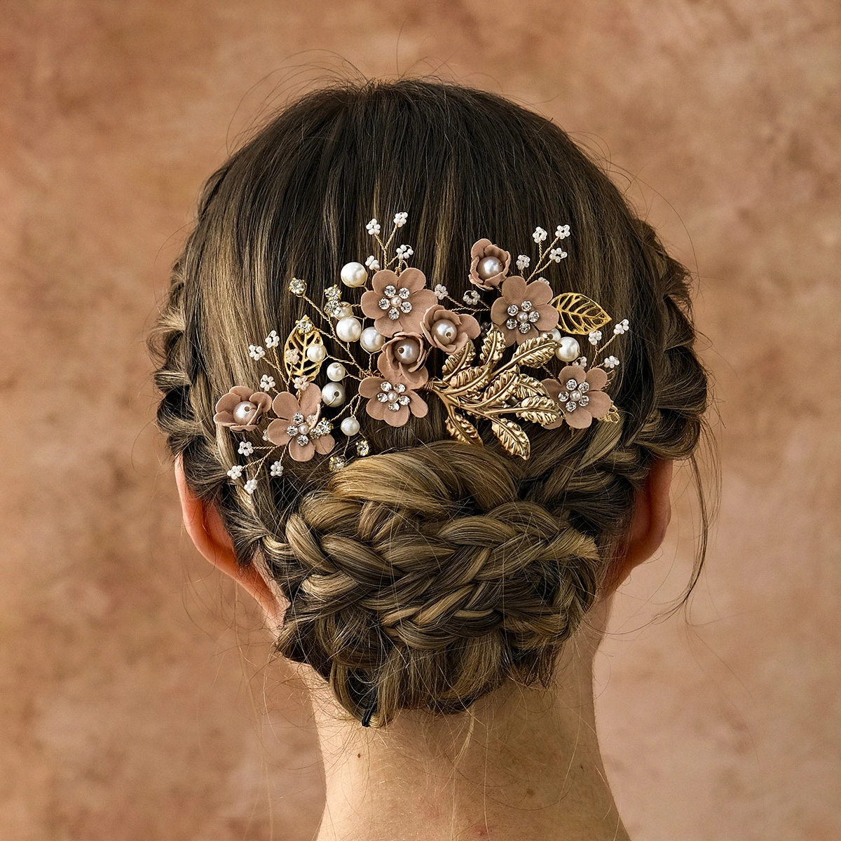 Bridal Wedding Rhinestone Hair Pin Comb Set Sweet Pink Fabric Flower Alloy Leaf Hair Accessories 1