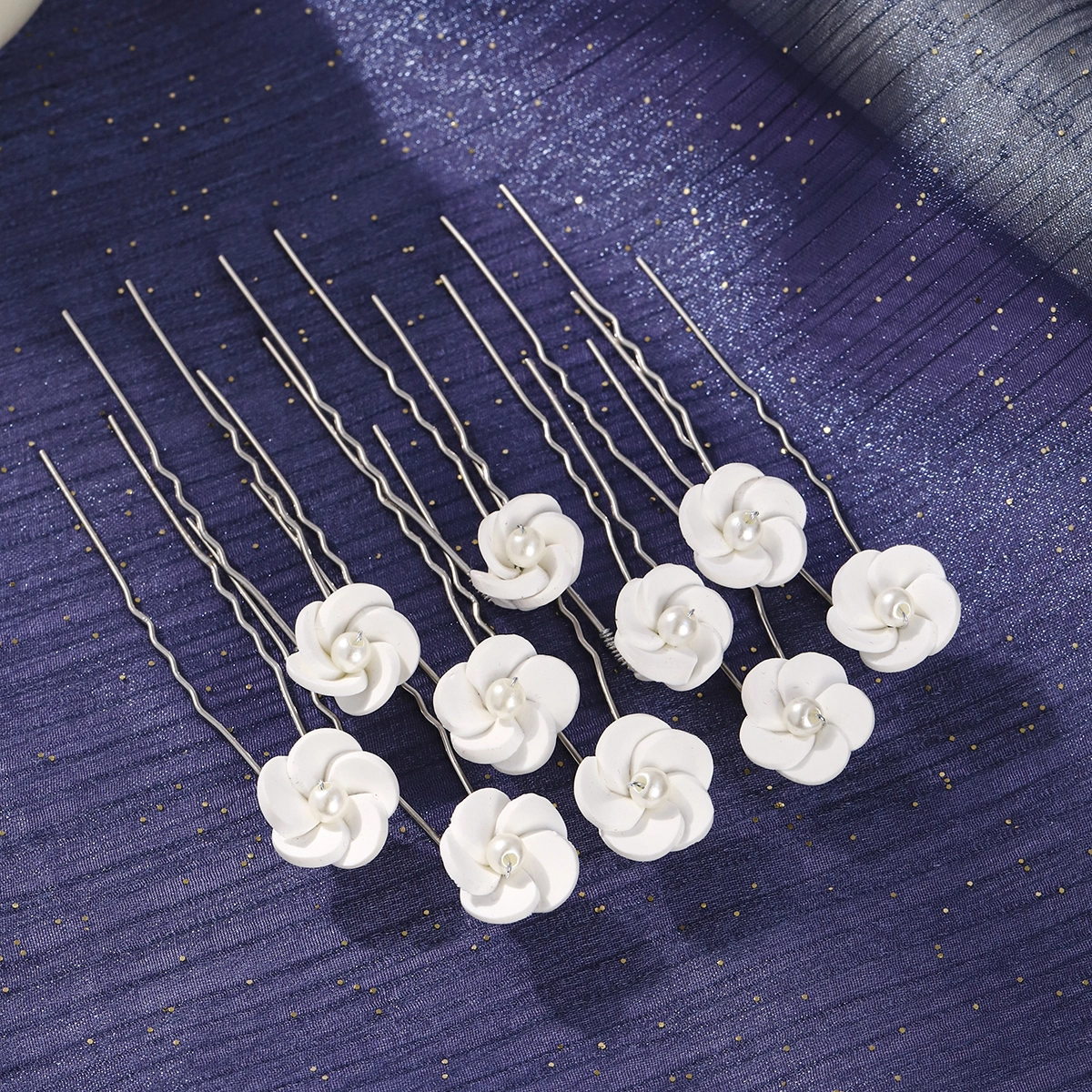 New Minimalist White Polymer Clay Flower Hairpin Bridal Wedding Updo Headpiece Pearl Hairpin Set 1