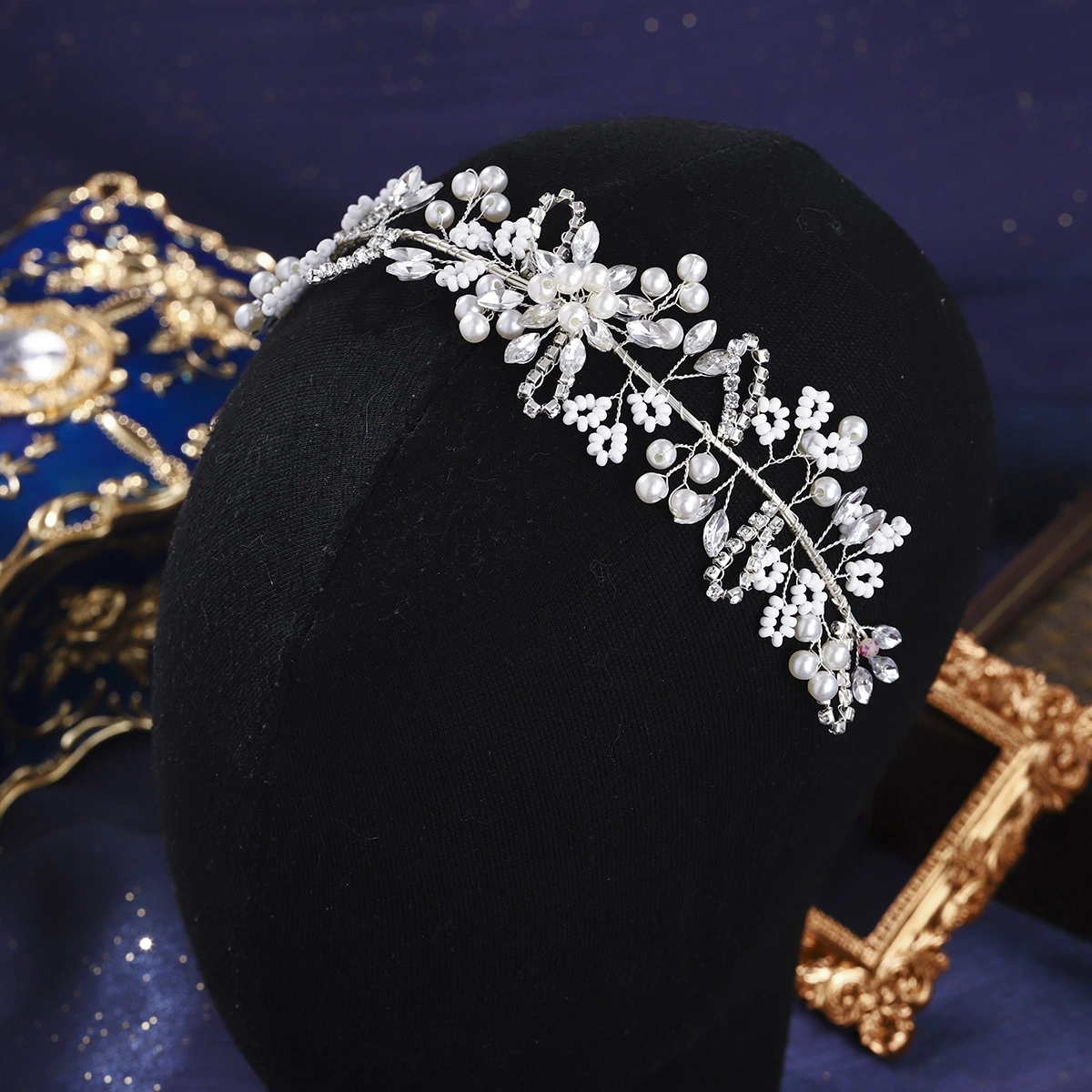 Diadema de perlas y diamantes de imitación estilo bosque dulce, hecha a mano, diadema nupcial con cuentas, sencilla y versátil, diadema floral para el cabello 1
