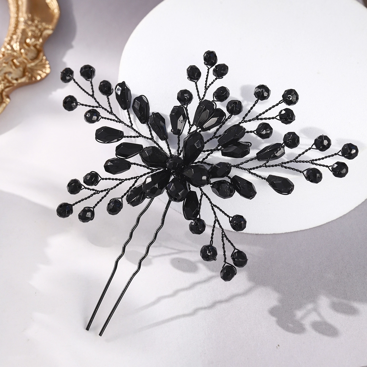 Exquisita horquilla de cuentas hecha a mano, retro, versátil, de cristal negro, accesorio para el cabello, tocado para novia o boda. 1