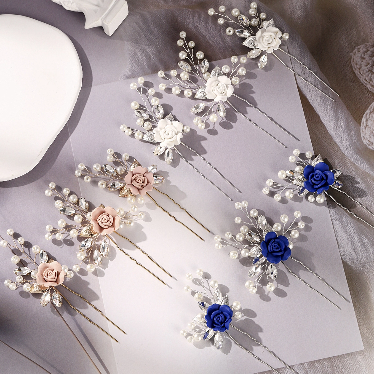 Tocado de novia para boda, moderno y dulce conjunto de horquillas para el pelo de arcilla polimérica con flores y perlas de imitación hechas a mano. 1