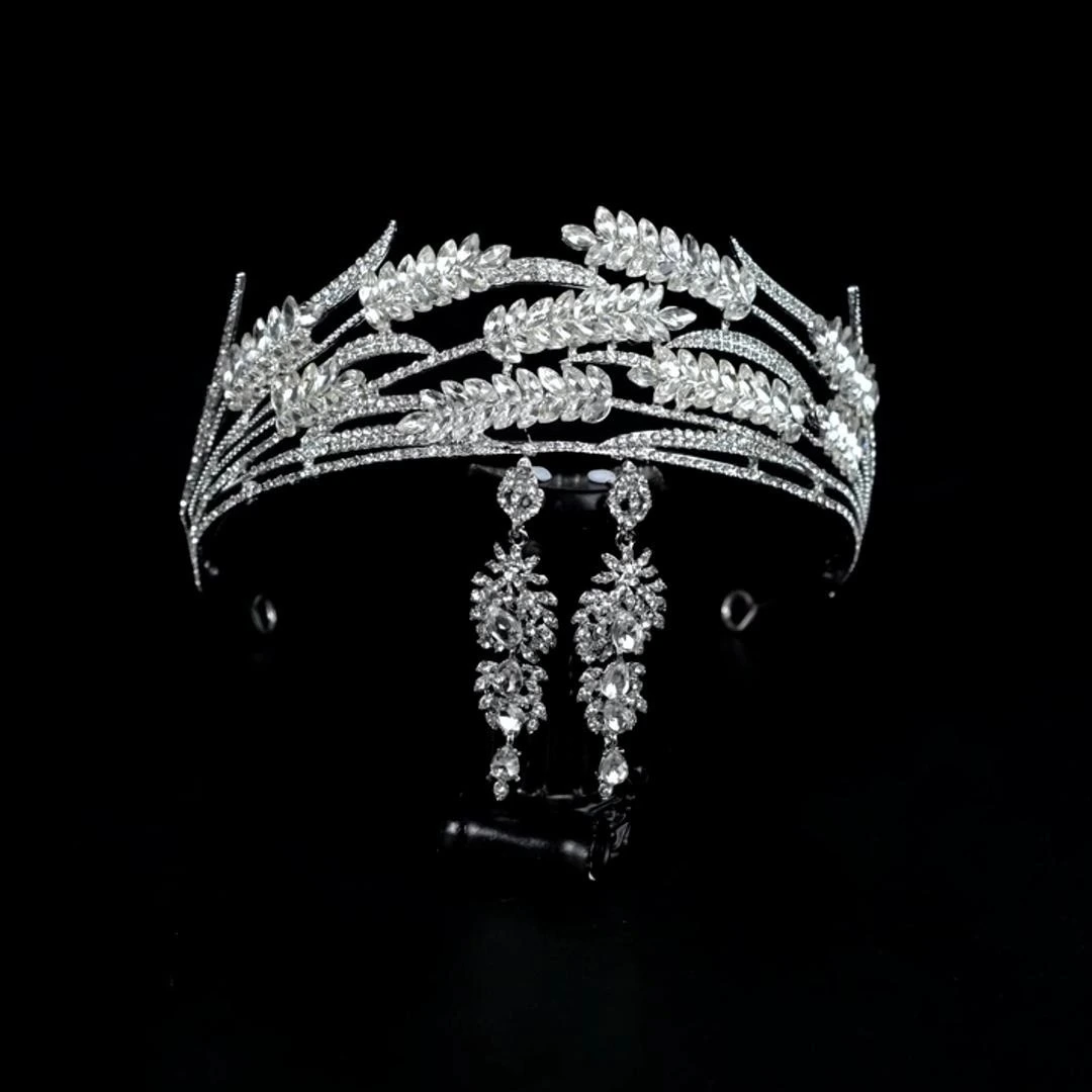 Conjunto de tiara y pendientes de diamantes de imitación con exquisita joyería nupcial de corte vintage, accesorios elegantes para mujer para boda, fiesta de graduación 1
