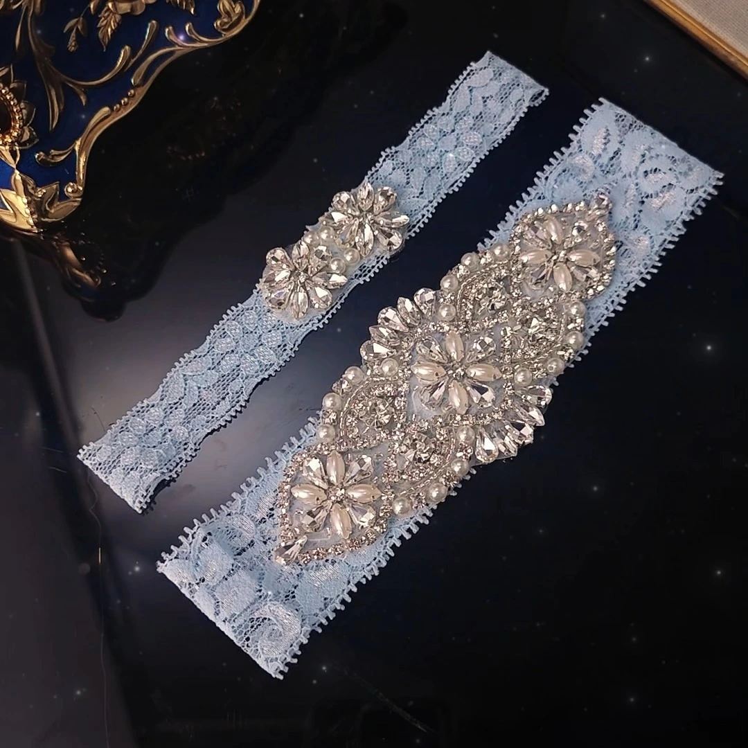 Liga de encaje sexy para novia, de lujo, con diamantes de imitación, hecha a mano, elástica 1