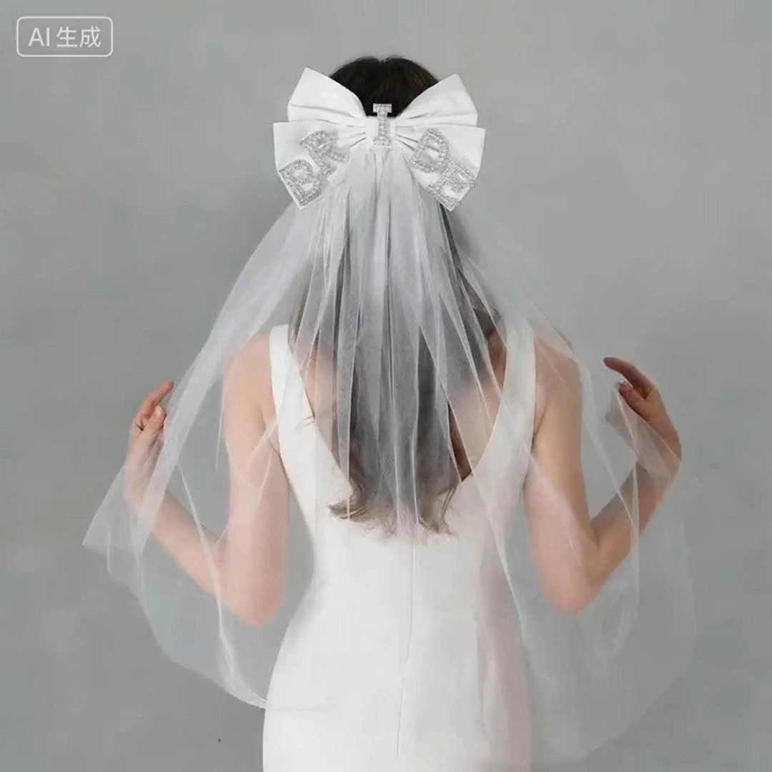 Velo de lazo de moda, sencillo, con perlas y diamantes de imitación, para novia, con letras, accesorio para el cabello, velo para despedida de soltera. 1