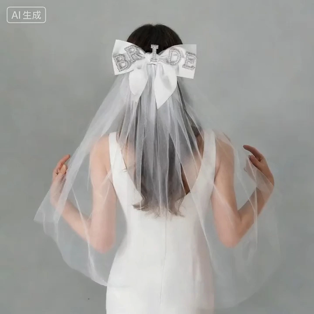 Velo de novia con perlas y diamantes de imitación, accesorios para el cabello con letras, dulce y versátil lazo, pinzas para el cabello, tocados para despedida de soltera y boda. 1