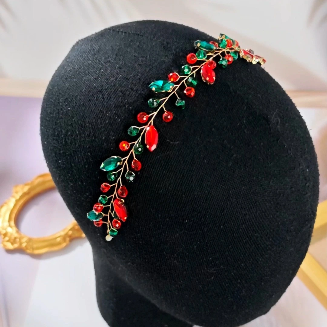 Diadema hecha a mano con cuentas de cristal rojo y verde, para Navidad, para fiestas y eventos festivos, para mujer. 1