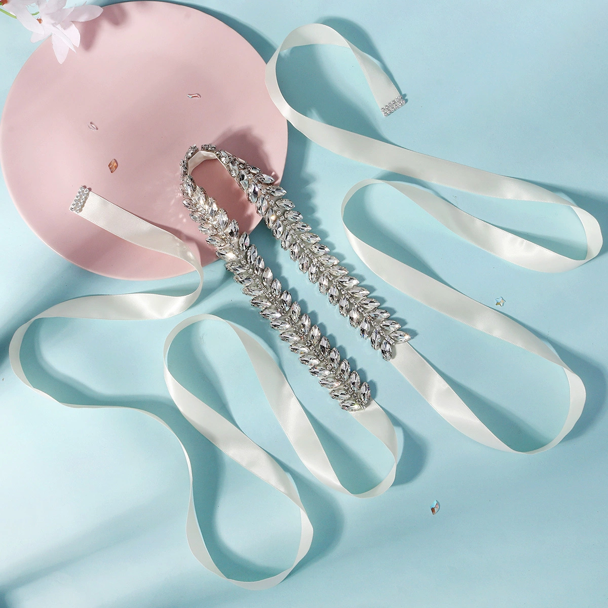 Cinturón nupcial de lujo con doble hilera de diamantes de imitación y marquesa, accesorios de moda para mujer para banquetes y fiestas. 1