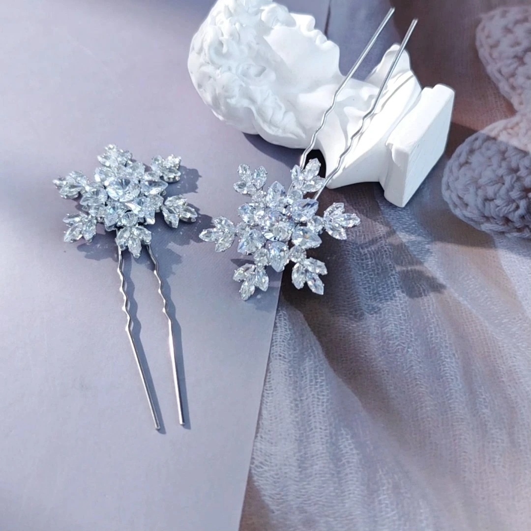Horquilla para el pelo con forma de U de copo de nieve, accesorio para el pelo de novia, de circonita, a la moda 1
