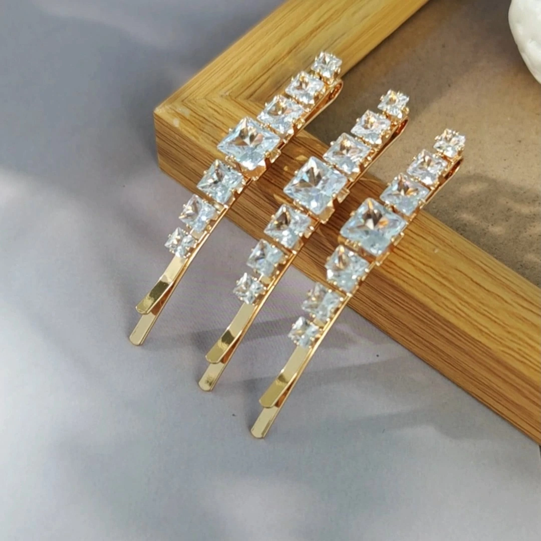 Miallo Fashion - Horquillas para el pelo con circonitas cuadradas brillantes (paquete de 3), de lujo, doradas, para fiesta de graduación 1