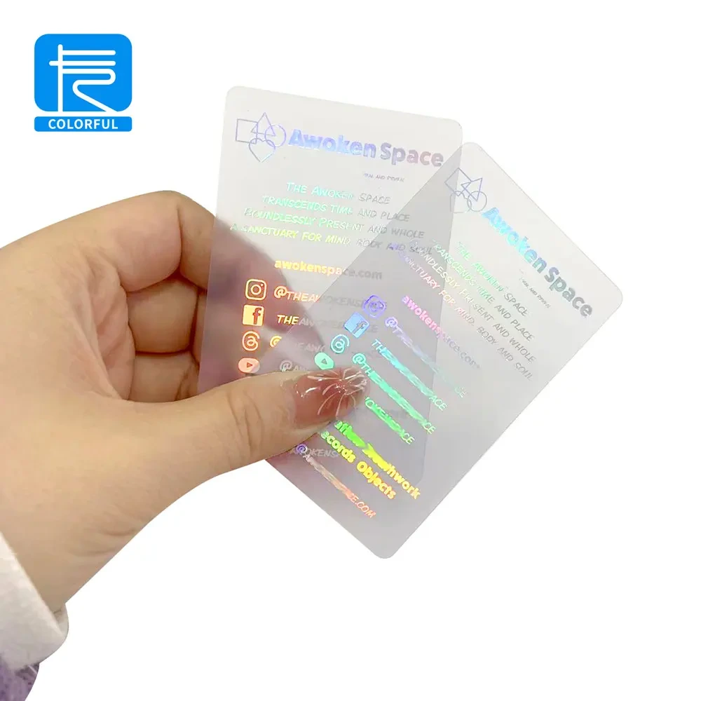 Carte de visite transparente étanche personnalisée avec logo en feuille holographique 1