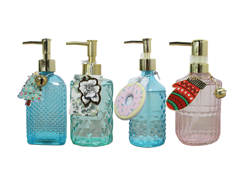 بطری شیشه‌ای تزئینی لوکس، صابون دستی پمپی طلایی با تزئینات جشن - لیلی بث 5