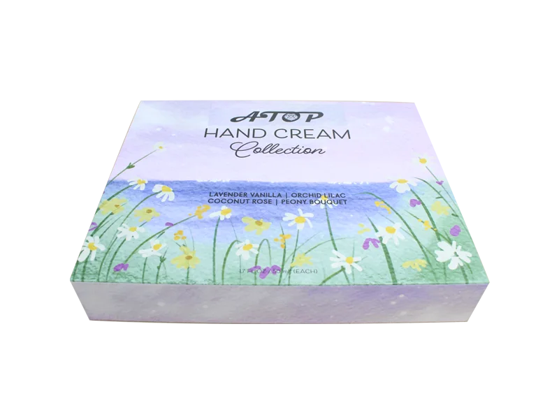 مجموعه ۴ عطر کرم دست - اسطوخودوس وانیلی، ارکیده یاسی، نارگیلی رز، دسته گل صد تومانی در جعبه گل آبرنگی 1