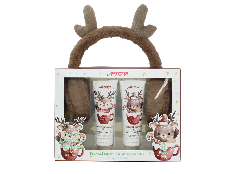 2-in-1 Christmas Hand & Body Lotion Set with Fuzzy Reindeer Earmuffs - Frosted Coconut & Warm Vanilla, Hydrating Holiday Gift 1