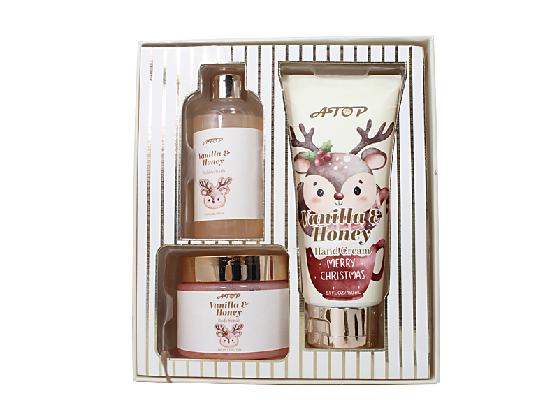 3 in 1 Vanilla & Honey Christmas Spa Self Care Set - Bubble Bath, Hand Cream & Body Scrub for Festive Nourishment 1