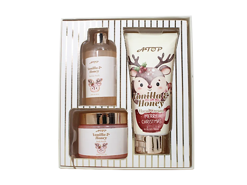 3 en 1 Vanila & Miela Kristnaska Spa-Memzorgada Kompleto - Ŝaŭmbano, Mankremo & Korpa Skrabaĵo por Festa Nutrado 1