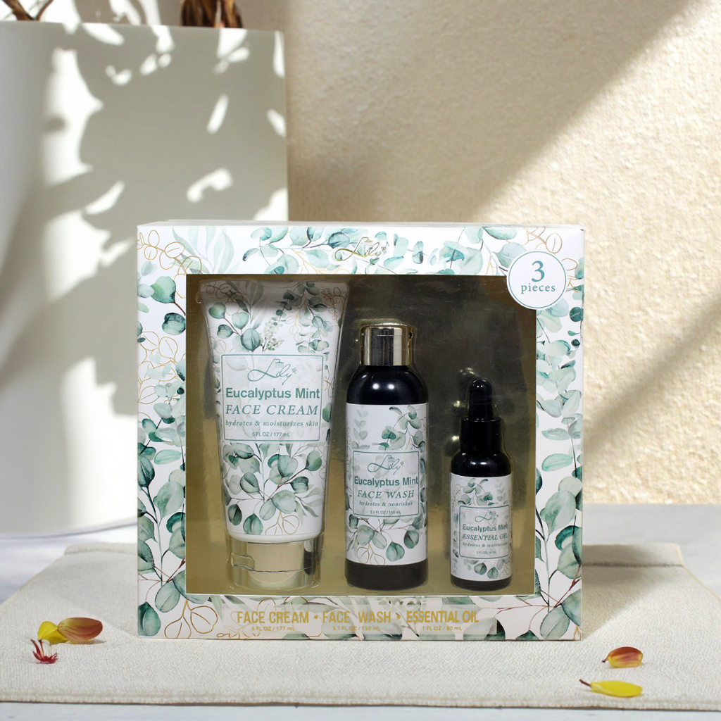 Kit de Cuidados com a Pele Eucalipto e Hortelã - Conjunto de 3 peças com Creme Facial, Sabonete Facial e Óleo Essencial 1