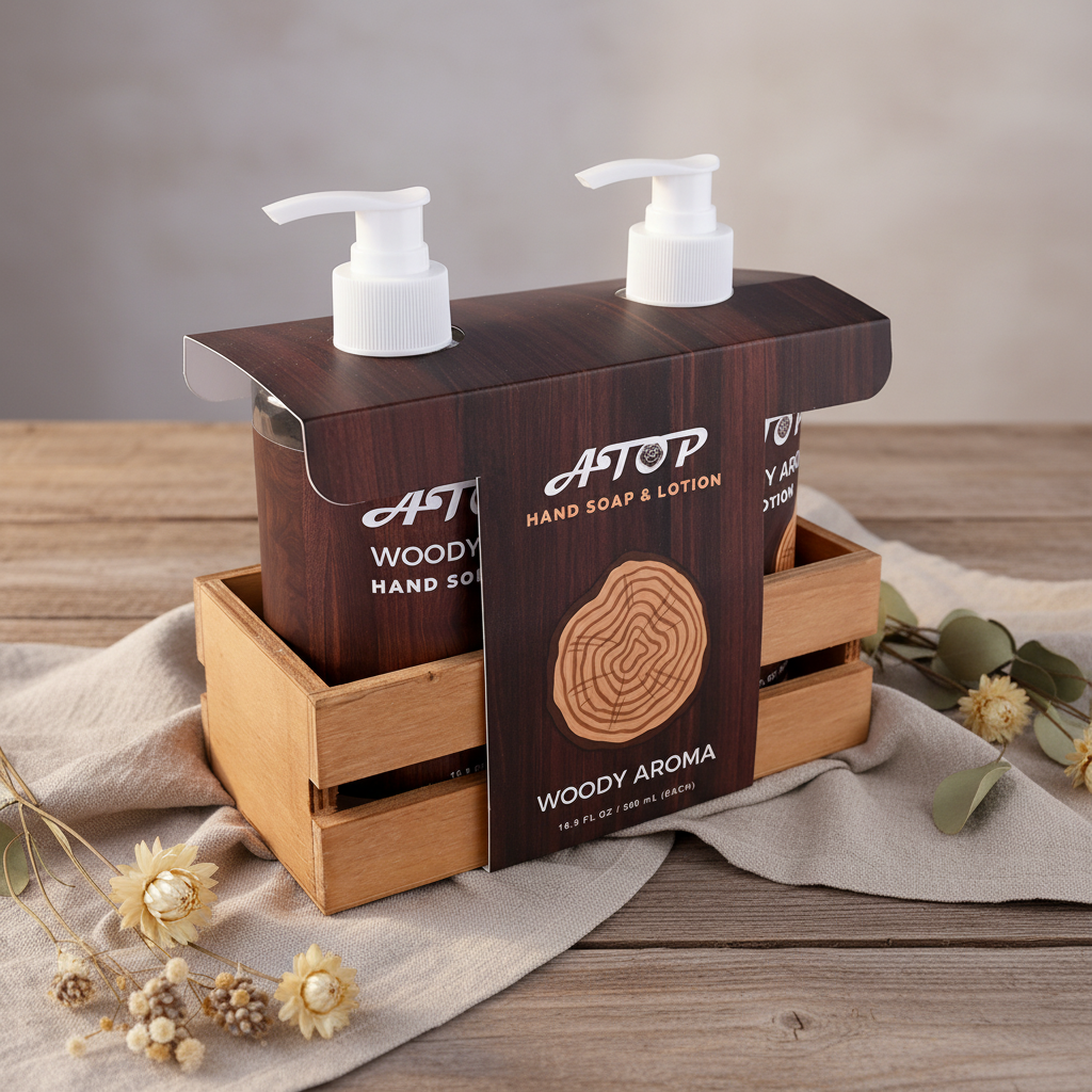Conjunto de sabonete e loção para as mãos com aroma amadeirado em bandeja de madeira - Lily Bath 2