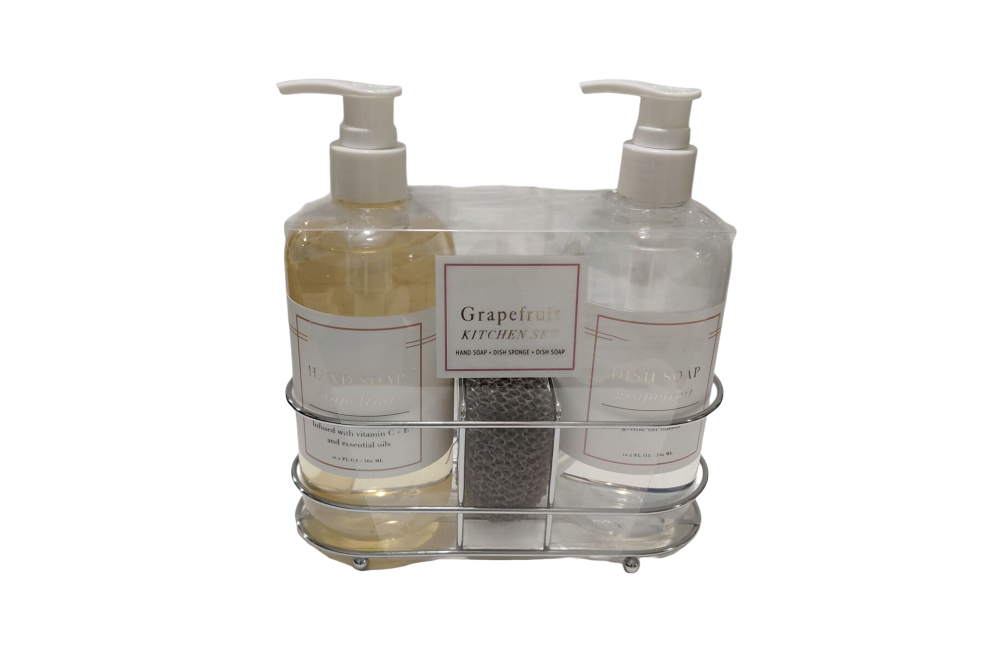 Conjunto de cozinha Sunshine Citrus Trio - Sabonete líquido para as mãos, detergente para louça e esponja com aroma de toranja, em cesto de ferro reutilizável. 1
