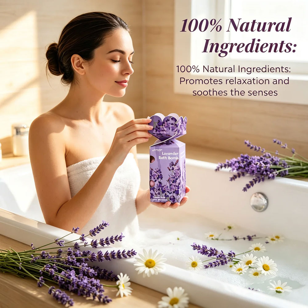 Lavender Bath Bomb Set (4 Pieces) – Relaxing Aromatherapy Bath Fizzers with Bath Salts in Elegant Floral Gift Box 5