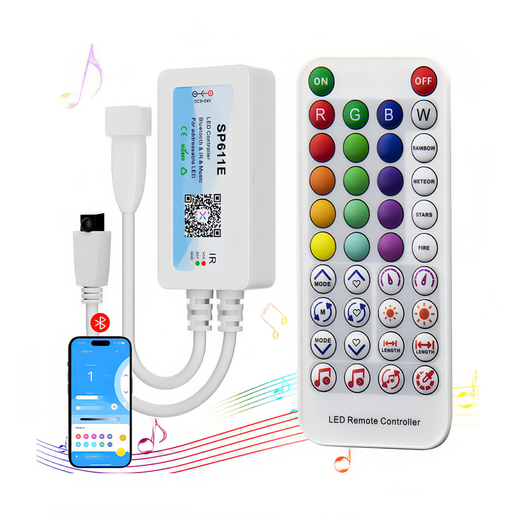 GO-RGBIC-SP611E-BT LED RGBIC Bluetooth controller, DC5-24V, 142 modes + 18 music modes, 600 IC points supported, APP & IR remote, 38-key design, compatible with WS2812B, SK6812.