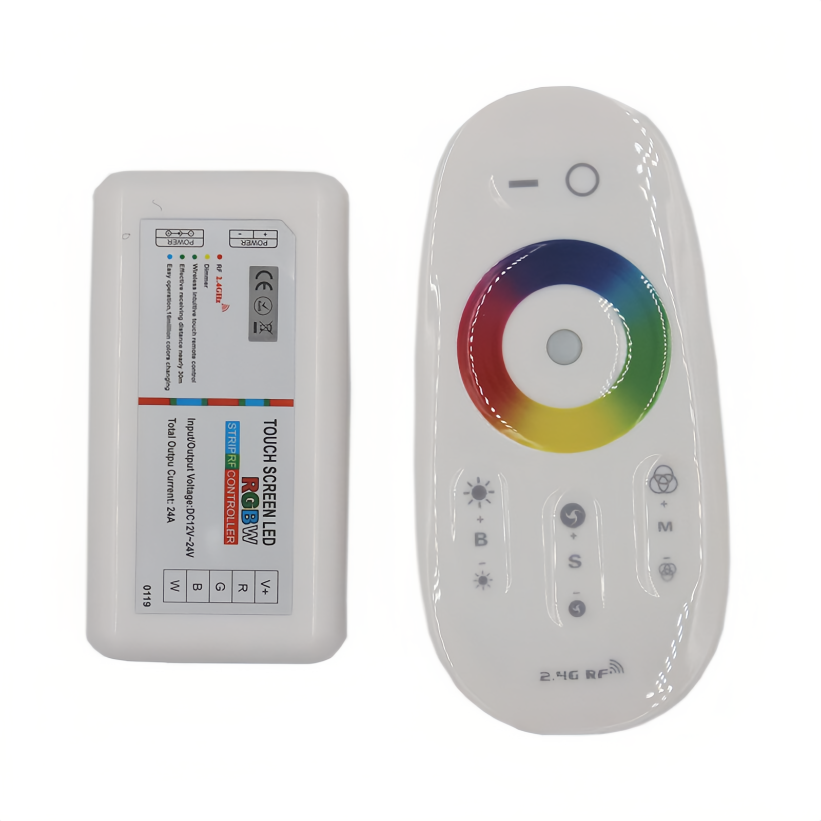 GO-RGB-2.4G LED RGB touch remote controller, 2.4G wireless control, DC 12-24V, max 6A per channel, 216W/432W output, 20m distance, battery powered.