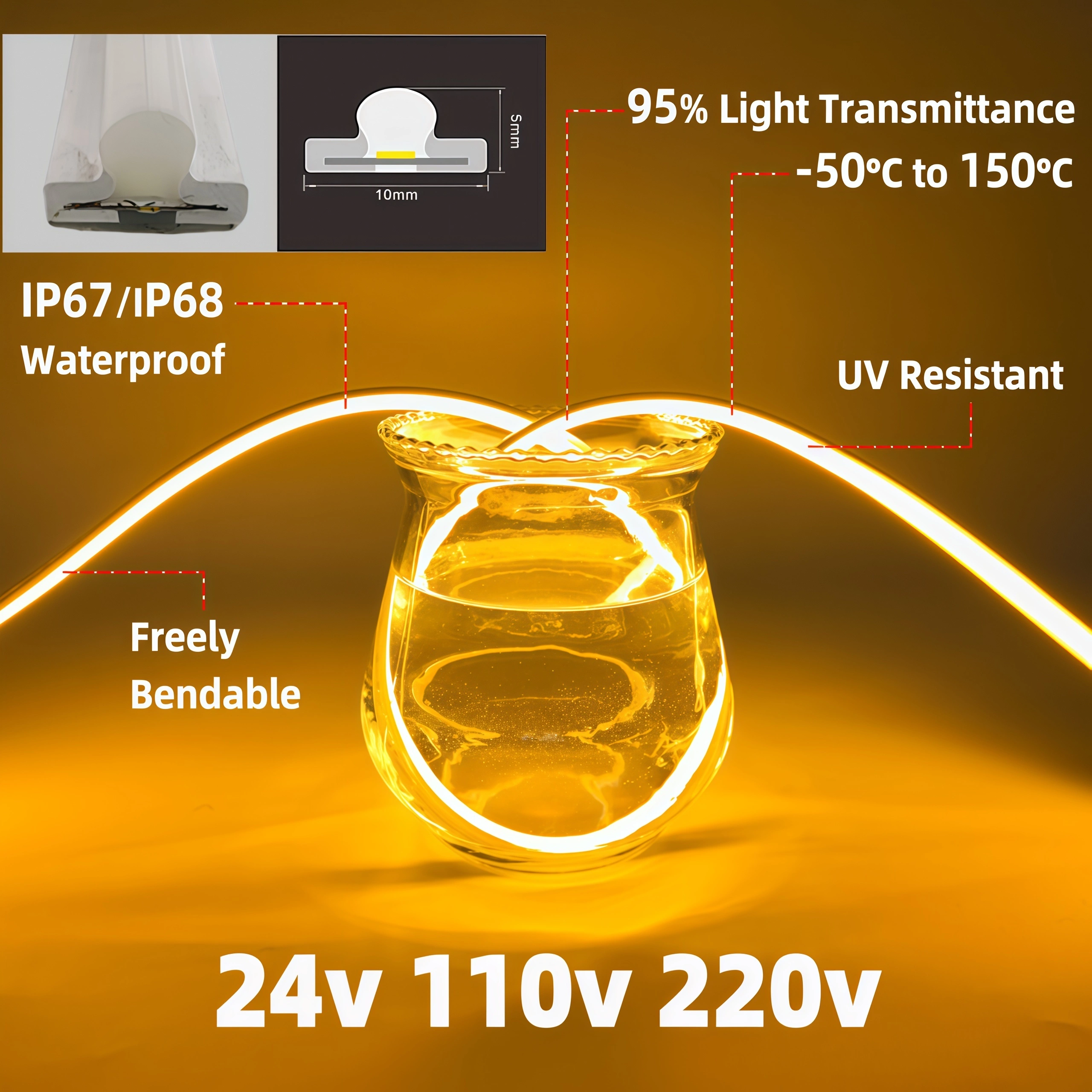 شريط إضاءة LED من السيليكون عالي النفاذية 110 فولت 220 فولت 24 فولت IP68 مقاوم للماء 30 مترًا بدون انخفاض في الجهد 1