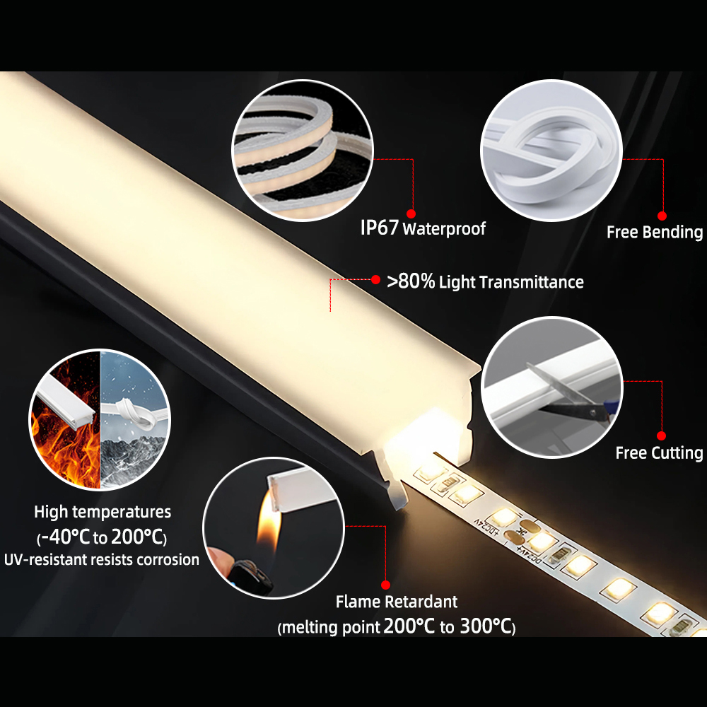 Profil de bande LED en silicone flexible avec cote imperméable IP67 et diffuseur opal pour un éclairage lisse et uniforme. Cuttable et facile à installer, parfait pour les projets décoratifs, architecturaux et commerciaux intérieurs et extérieurs. Idéal pour les grossistes