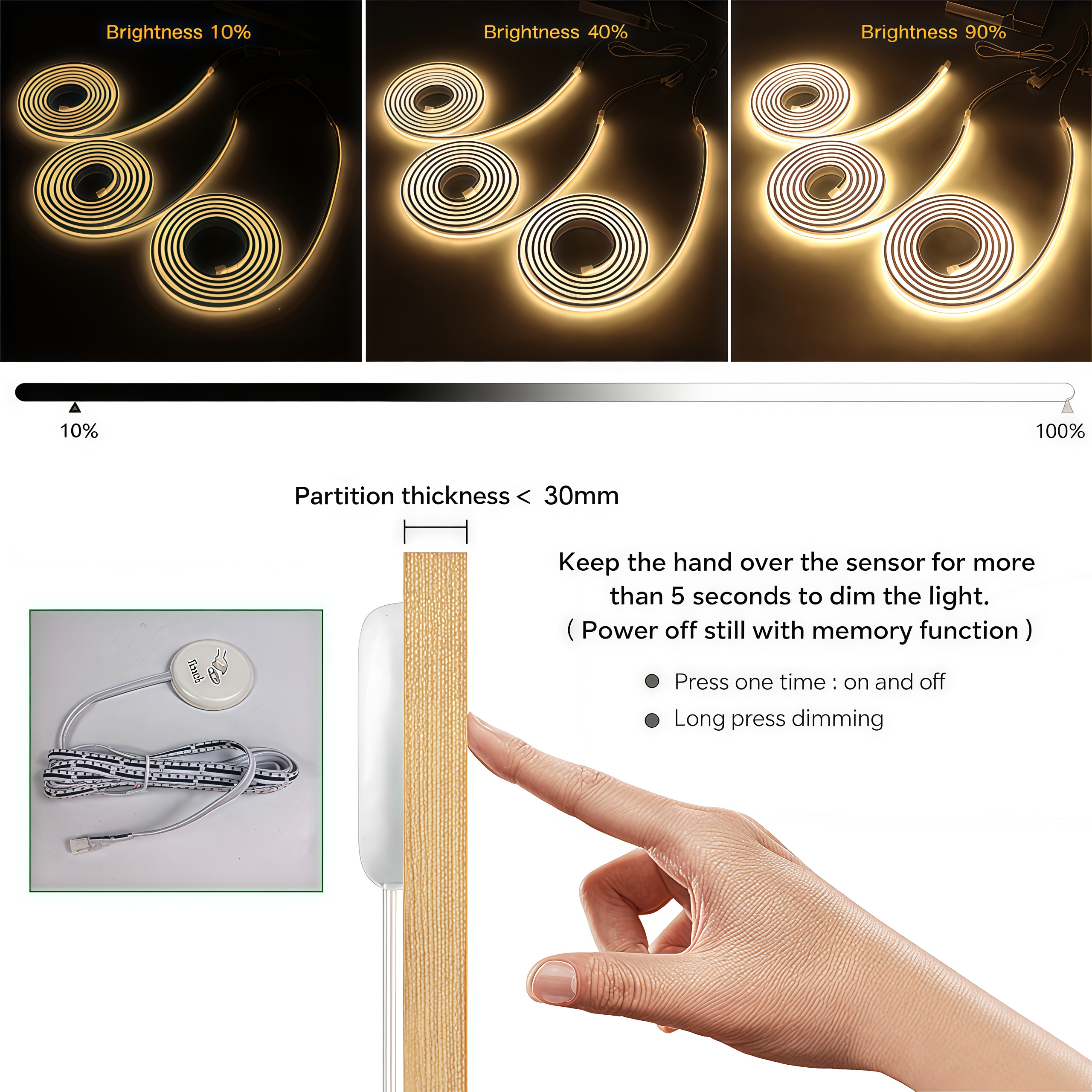 Kit de tira de luces LED de neón inteligente con atenuación táctil y sensor de movimiento manual 3