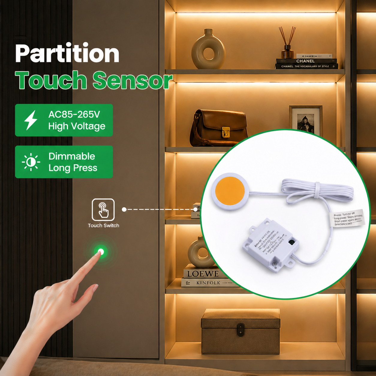AC85 265V مستشعر خافت إضاءة LED يعمل باللمس لإضاءة الخزائن الخشبية والزجاجية والحجرية 1