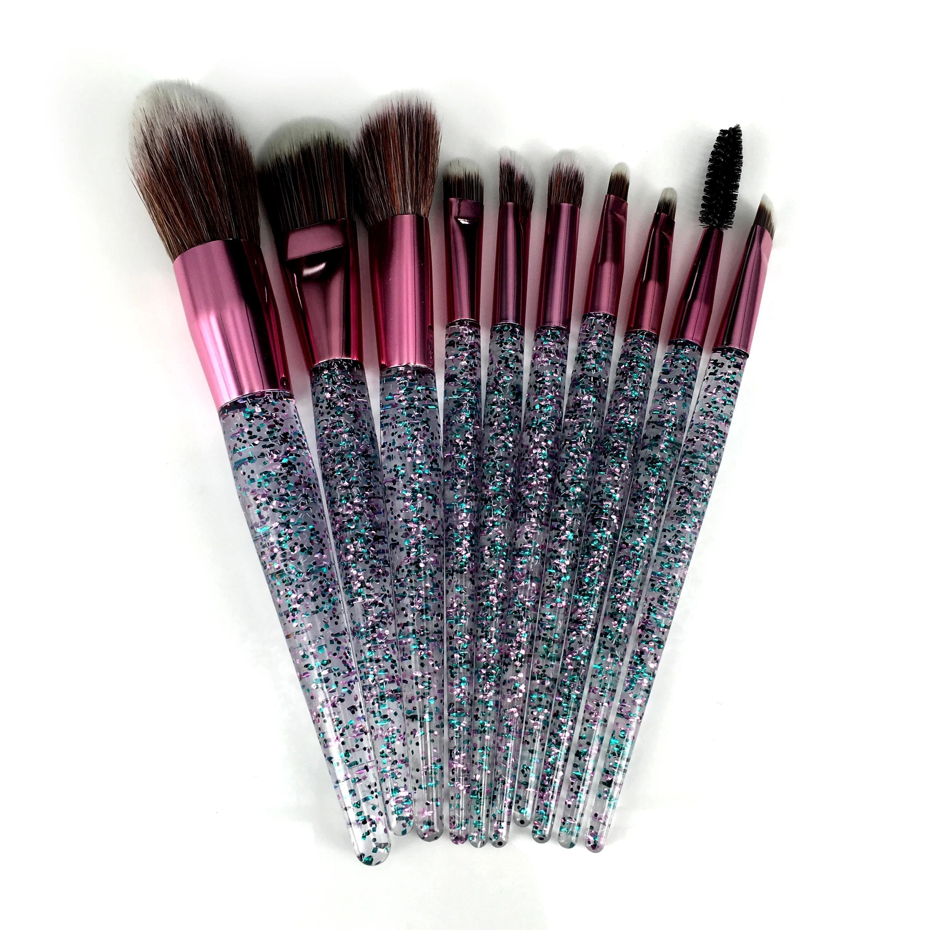 Emballage rose, Logo personnalisé, poignée en cristal scintillant, ensemble de pinceaux de maquillage, vente en gros, 10 pièces 1