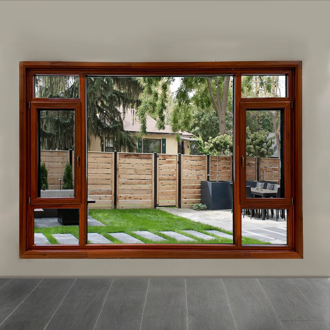 Moderne Hausfensterdesigns mit holzverkleideten Aluminium-Flügelfenstern 1