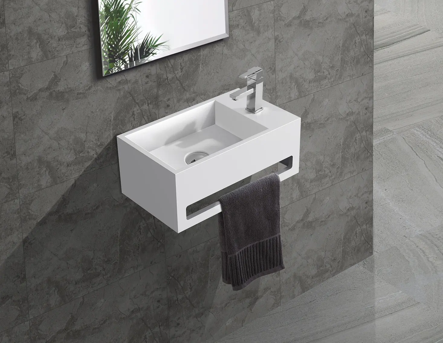 Hot sales small size acrylic solid surface resin stone wall mounted wash basin with towel hanger KKR-1105-A 2