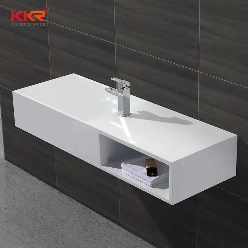 High-end Smooth Surface Acrylic Solid Surface Wall Hung Basin With Storage Box KKR-1365 1