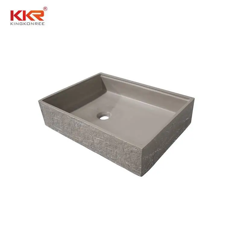 Bark grain rectangle cement grey solid surface above countertop basin KKR-1160 1