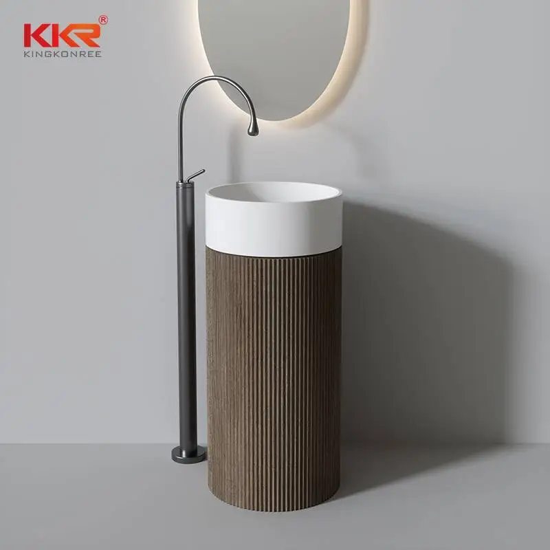 Pedestal Freestanding Off White Basin with Wooden Base Freestanding Basin KKR-1386